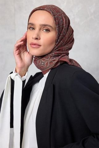 Viskon Velora Eşarp Yonca Desenli Kiremit Tonlu Tok Duruşlu 90X90 - Velora Eşarp - | Silk Home