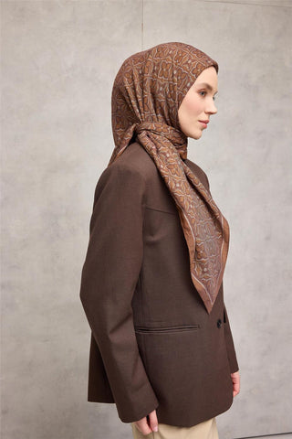 Viskon Velora Eşarp Taba Karamel Yonca Desenli Tok Duruşlu 90X90 - Velora Eşarp - | Silk Home
