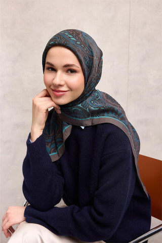 Viscose Velora Scarf, Four Seasons, Antique Pattern, Grey, 90x90 cm 