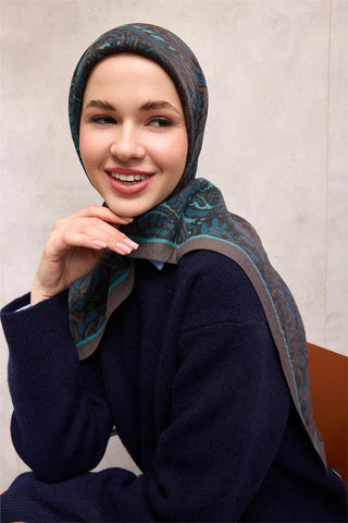 Viscose Velora Scarf, Four Seasons, Antique Pattern, Grey, 90x90 cm 