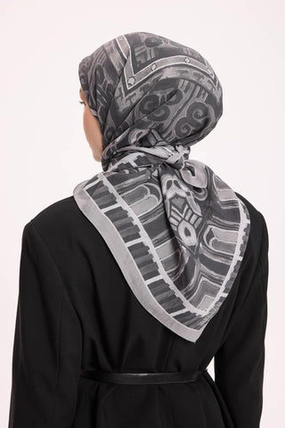 Viskon Velora Eşarp Dört Mevsim Antik Motif Desen Füme 90X90 - Velora Eşarp - | Silk Home