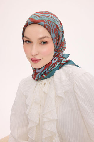 Viskon Velora Eşarp Dört Mevsim Antik Motif Desen Koyu Cam Göbeği 90X90 - Velora Eşarp - | Silk Home
