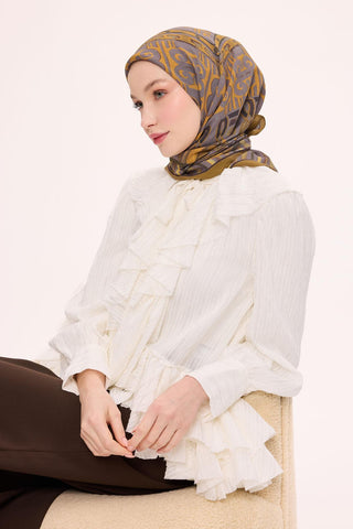 Viscose Velora Scarf, Four Seasons Kilim Pattern, Light Gray, 90x90 cm 