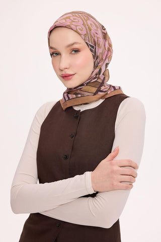 Viscose Velora Scarf, Four Seasons Kilim Pattern, Light Gray, 90x90 cm 