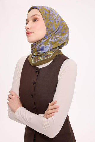 Viskon Velora Eşarp Dört Mevsim Antik Motif Desen Yağ Yeşili 90X90