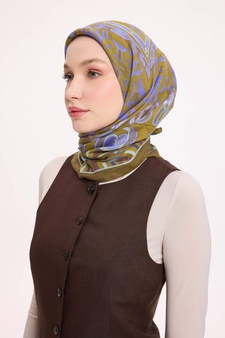 Viskon Velora Eşarp Dört Mevsim Antik Motif Desen Yağ Yeşili 90X90