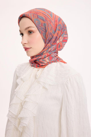 Viscose Velora Scarf, Four Seasons Kilim Pattern, Light Gray, 90x90 cm 