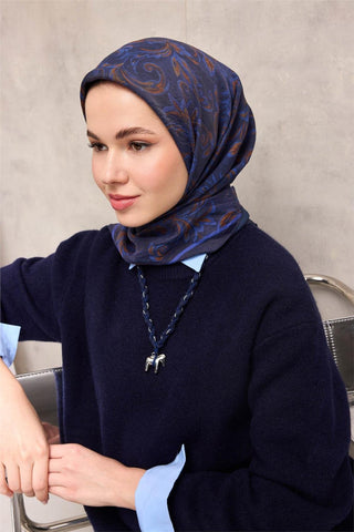 Viskon Velora Eşarp Dört Mevsim Barok Floral Desen Koyu Lacivert 90X90