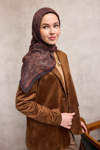 Viscose Velora Scarf, Four Seasons, Baroque Floral Pattern, Dark Brown, 90x90 cm 