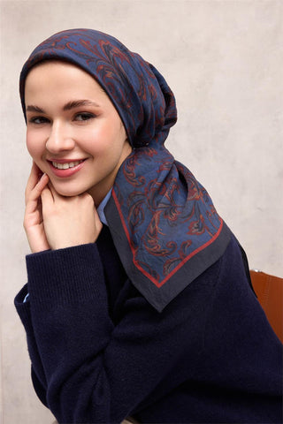 Viskon Velora Eşarp Dört Mevsim Barok Floral Desen Koyu Indigo 90X90