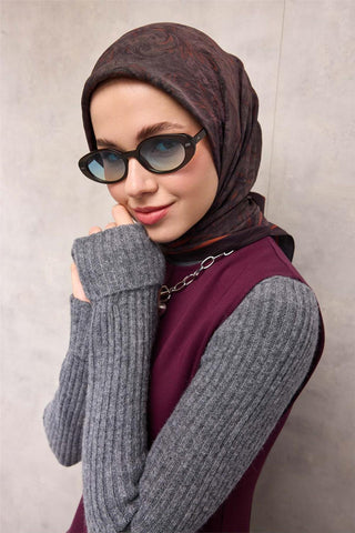 Viskon Velora Eşarp Dört Mevsim Barok Floral Desen Siyah Mor 90X90
