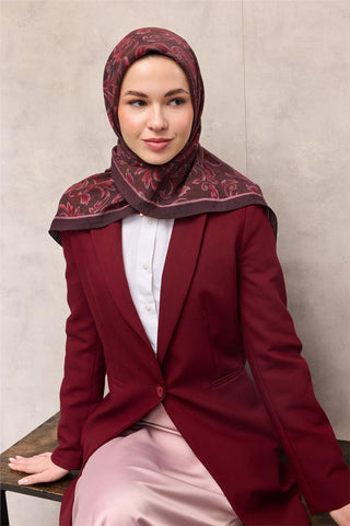 Viscose Velora Scarf, Four Seasons, Baroque Floral Pattern, Cherry Purple, 90x90 cm. 
