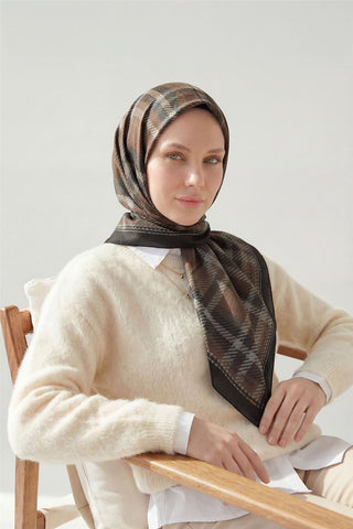 Viskon Velora Eşarp Dört Mevsim Ekose Desen Acı Kahve 90X90 - Velora Eşarp - | Silk Home