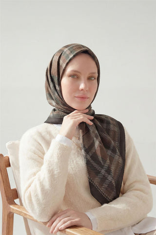 Viskon Velora Eşarp Dört Mevsim Ekose Desen Acı Kahve 90X90 - Velora Eşarp - | Silk Home