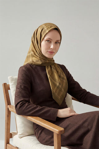 Viskon Velora Eşarp Dört Mevsim Ekose Desen Hardal 90X90 - Velora Eşarp - | Silk Home