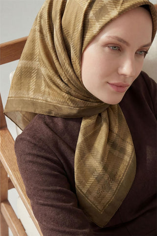 Viskon Velora Eşarp Dört Mevsim Ekose Desen Hardal 90X90 - Velora Eşarp - | Silk Home