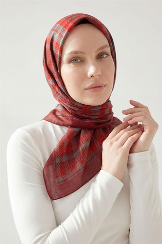 Viscose Velora Scarf, Four Seasons, Plaid Pattern, Dark Red, 90x90 cm 