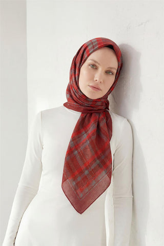 Viscose Velora Scarf, Four Seasons, Plaid Pattern, Dark Red, 90x90 cm 