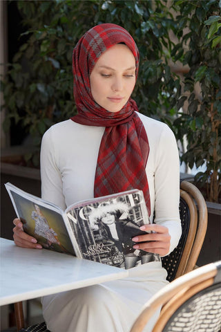 Viscose Velora Scarf, Four Seasons, Plaid Pattern, Dark Red, 90x90 cm 