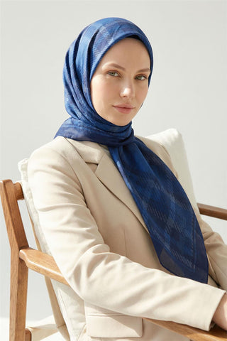 Viscose Velora Scarf, Four Seasons, Plaid Pattern, Navy Blue, 90x90 cm 