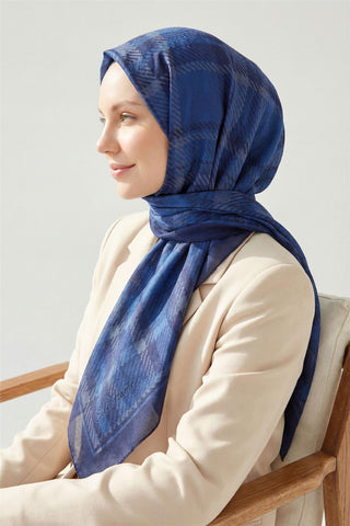 Viscose Velora Scarf, Four Seasons, Plaid Pattern, Navy Blue, 90x90 cm 