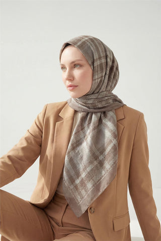 Viskon Velora Eşarp Dört Mevsim Ekose Desen Latte 90X90 - Velora Eşarp - | Silk Home