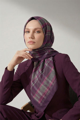 Viskon Velora Eşarp Dört Mevsim Ekose Desen Mor 90X90 - Velora Eşarp - | Silk Home