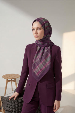 Viskon Velora Eşarp Dört Mevsim Ekose Desen Mor 90X90 - Velora Eşarp - | Silk Home