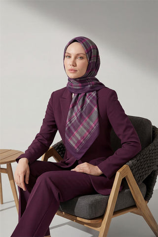 Viskon Velora Eşarp Dört Mevsim Ekose Desen Mor 90X90 - Velora Eşarp - | Silk Home