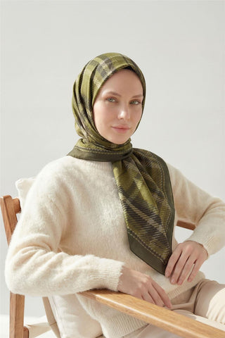 Viscose Velora Scarf, Four Seasons, Plaid Pattern, Green/Gray, 90x90 cm 