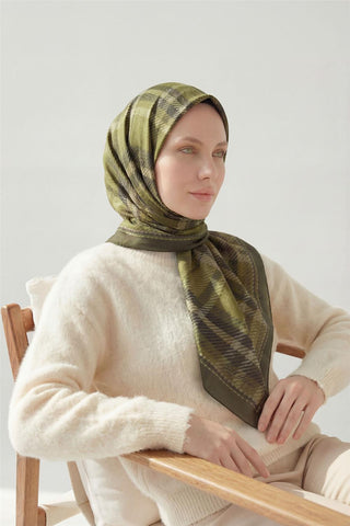 Viscose Velora Scarf, Four Seasons, Plaid Pattern, Green/Gray, 90x90 cm 