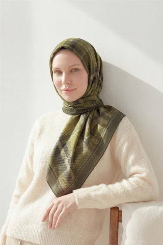 Viscose Velora Scarf, Four Seasons, Plaid Pattern, Green/Gray, 90x90 cm 