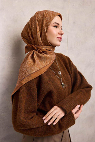 Viscose Velora Scarf, Four Seasons, Labyrinth Pattern, Tan, 90x90 cm 
