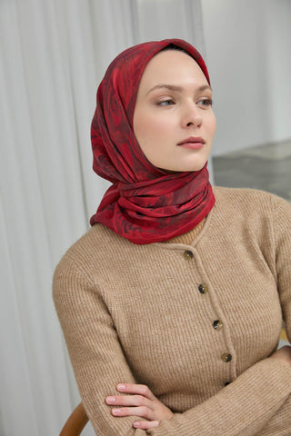 Viskon Velora Eşarp Kırmızı Bordo Desenli Yumuşak Dokulu 90X90