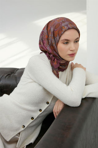 Viskon Velora Eşarp Mürdüm Çok Renkli Desenli Tok Duruşlu 90X90 - Velora Eşarp - | Silk Home