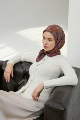 Viskon Velora Eşarp Mürdüm Çok Renkli Desenli Tok Duruşlu 90X90 - Velora Eşarp - | Silk Home