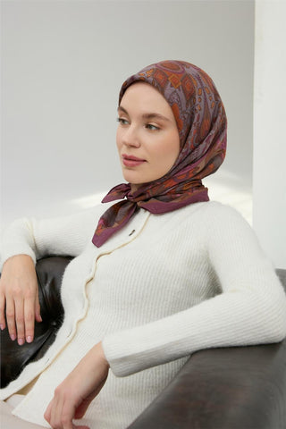 Viskon Velora Eşarp Mürdüm Çok Renkli Desenli Tok Duruşlu 90X90 - Velora Eşarp - | Silk Home
