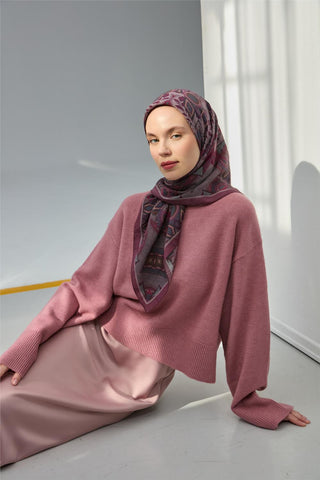 Viskon Velora Eşarp Mürdüm Çok Renkli Desenli Tok Duruşlu 90X90