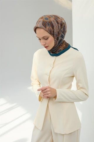 Viskon Velora Eşarp Petrol Yeşil-Hardal Desenli Kaymaz Tok Duruşlu 90X90 - Velora Eşarp - | Silk Home