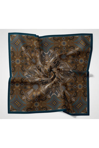 Viskon Velora Eşarp Petrol Yeşil-Hardal Desenli Kaymaz Tok Duruşlu 90X90 - Velora Eşarp - | Silk Home