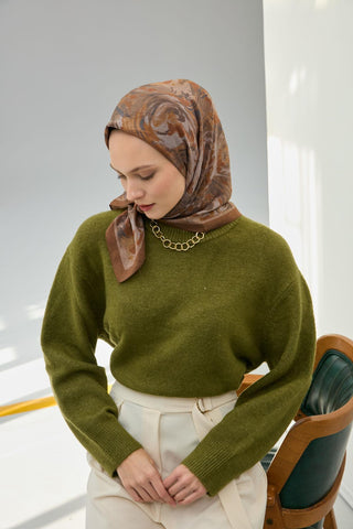 Viskon Velora Eşarp Sütlü Kahve Vizon Desenli Yumuşak Dokulu Tok Duruşlu 90X90 - Velora Eşarp - | Silk Home