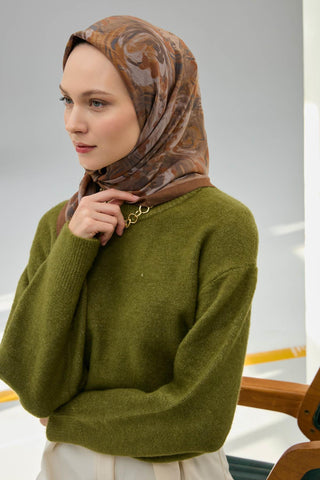 Viskon Velora Eşarp Sütlü Kahve Vizon Desenli Yumuşak Dokulu Tok Duruşlu 90X90 - Velora Eşarp - | Silk Home