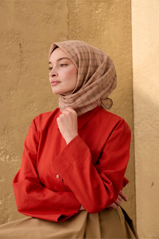 Pamuk-Flos Eşarp Pastel Pembe-Koyu Vizon Desenli Tok Duruşlu 90X90