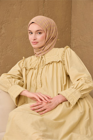 Pamuk-Flos Eşarp Vizon-Sarı Desenli Tok Duruşlu 90X90