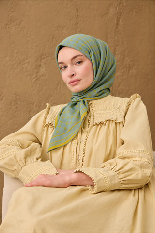 Pamuk-Flos Eşarp Pastel Turkuaz-Asit Desenli Tok Duruşlu 90X90