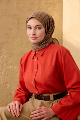 Pamuk-Flos Eşarp Yeşil-Fuşya-Kiremit Pudra Desenli Tok Duruşlu 90X90